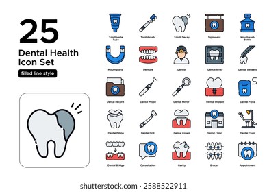 Dental Care and Oral Hygiene. Toothbrush, Toothpaste, and Healthy Teeth. Vector Illustration. FIlled line icon set