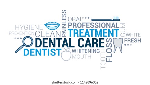 Dental care, orthodontics and hygiene tag cloud with icons and concepts