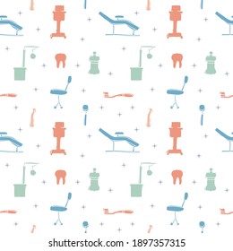 Dental care, Orthodontics Seamless Pattern with Line Icons. Dentist, Medical Equipment, Braces, Tooth Prosthesis, Floss, Caries Treatment, Toothpaste.
 