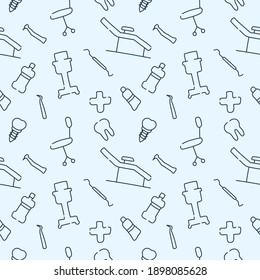 Dental care, Orthodontics Seamless Pattern with Line Icons. Dentist, Medical Equipment, Braces, Tooth Prosthesis, Floss, Caries Treatment, Toothpaste.