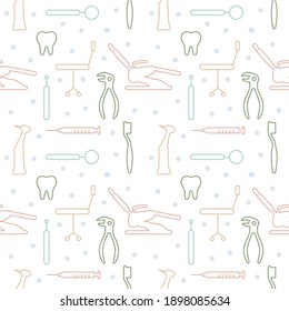 Dental care, Orthodontics Seamless Pattern with Line Icons. Dentist, Medical Equipment, Braces, Tooth Prosthesis, Floss, Caries Treatment, Toothpaste.