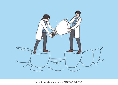 Dental care, orthodontist, tooth implant concept. Young man and woman doctors dentists carrying huge implant tooth in patient open mouth together vector illustration 