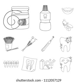 Dental care outline icons in set collection for design. Care of teeth vector symbol stock web illustration.