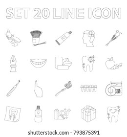 Dental care outline icons in set collection for design. Care of teeth vector symbol stock web illustration.