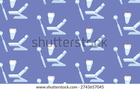 Dental Care Pattern Background with Filled Teeth, Dentist Chair and Dental Instruments, Dentistry Treatment Concept