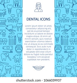 Dental care pattern with outline icons of clinic services dentistry orthodontics oral health care hygiene dental instruments. Flat style vector illustration. Framed rhomb with place for text