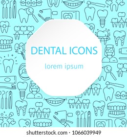 Dental care pattern with outline icons of clinic services dentistry orthodontics oral health care hygiene dental instruments. Flat style vector illustration. Framed rhomb with place for text