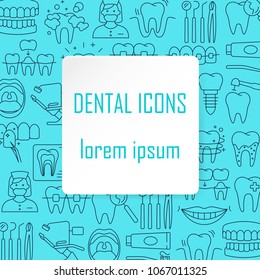 Dental care pattern with outline icons of clinic services dentistry orthodontics oral health care hygiene dental instruments. Flat style vector illustration. Framed rhomb with place for text