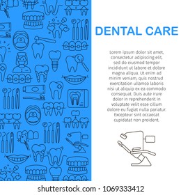 Dental care pattern with outline icons of clinic services dentistry orthodontics oral health care hygiene dental instruments. Flat style vector illustration. Framed rhomb with place for text