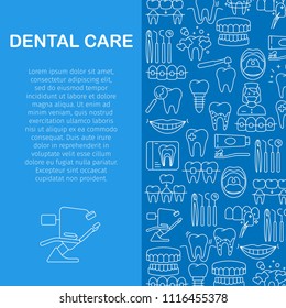 Dental care pattern with outline icons of clinic services dentistry orthodontics oral health care hygiene dental instruments. Flat style vector illustration. Framed rhomb with place for text