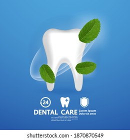 Atención dental con ilustración vectorial de hoja de menta.