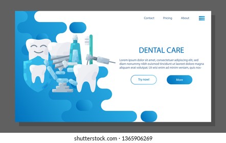 Dental care poster. Dentistry concept landing page banner template. Web design symbols flat icons with Dentist Tools, Equipment. For treatment, prosthetics, Cosmetic, mobile app medicine