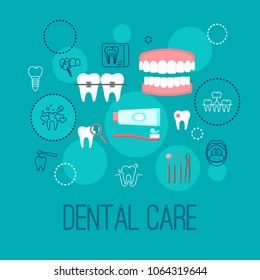 Dental care poster with flat icons. Dentistry orthodontics symbols vector illustration. Colorful template for websites and print media. Isolated on blue background