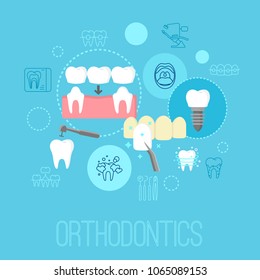 Dental care poster with flat icons. Dentistry orthodontics symbols vector illustration. Colorful template for websites and print media. Isolated on blue background