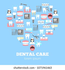 Dental care poster with flat icons in heart shape vector illustration. Orthodontics ultrasonic cleaning veneers dental hygiene. Colorful template for websites and print media. Place for text