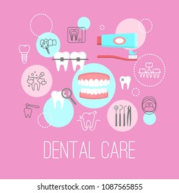 Dental care poster with flat icons. Dentistry orthodontics symbols vector illustration. Colorful template for websites and print media. Isolated on blue background