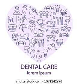 Dental care poster with flat outline icons in heart shape vector illustration. Orthodontics ultrasonic cleaning veneers dental hygiene. Colorful template for websites and print media. Place for text