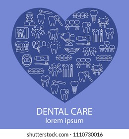 Dental care poster with flat outline icons in heart shape vector illustration. Orthodontics ultrasonic cleaning veneers dental hygiene. Colorful template for websites and print media. Place for text