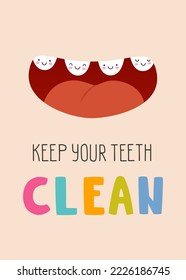 Dental care poster for kids with cartoon mouth and cute teeth. Toothbrushing banner for children with text.