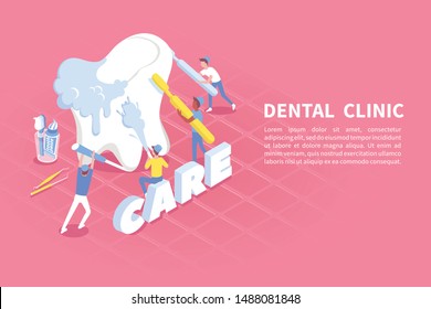 Dental care practice isometric advertising poster with big tooth treated by dentistry clinic specialists background vector illustration 