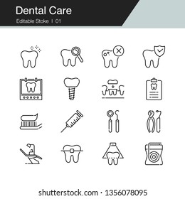 Dental care, prevention, check up and dental treatment icons. Modern line design. For presentation, graphic design, mobile application, infographics, UI. Editable Stroke. Vector illustration.