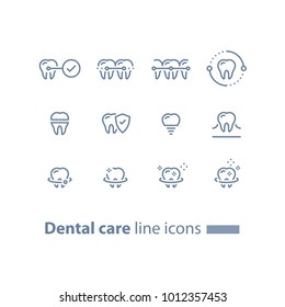 Dental care, prevention check up, stomatology services, teeth braces,  cleaning and whitening, implant and crown, protection concept, vector line icon set, linear design