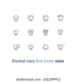 Dental care, prevention check up, stomatology services, smiling tooth, implant and crown, vector line icon set, linear design