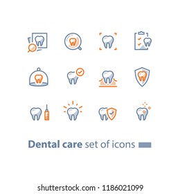 Zahnpflege, Vorbeugungskontrolle, Hygiene und Behandlung, Stomatologie, Zahn- und Checkliste, Vektorillustration-Icon-Set, lineares Design