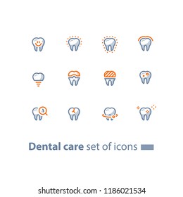 Dental care, prevention check up, stomatology services, smiling tooth, implant and crown, vector line icon set, linear design