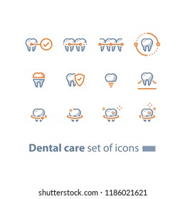 Zahnpflege, Vorbeugungskontrolle, Stomatologie, Zahnspangen, Reinigung und Erweißung, Implantat und Krone, Schutzkonzept, Vektorillustration-Linie-Symbol-Set, lineares Design