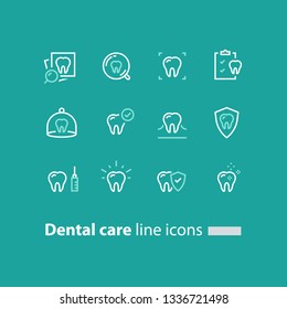 Dental care, prevention check up, hygiene and treatment, stomatology services, tooth and checklist, vector line icon set, linear design