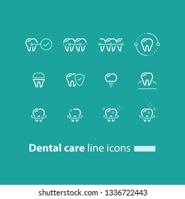 Dental care, prevention check up, stomatology services, teeth braces,  cleaning and whitening, implant and crown, protection concept, vector line icon set, linear design