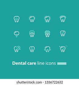 Dental care, prevention check up, stomatology services, smiling tooth, implant and crown, vector line icon set, linear design