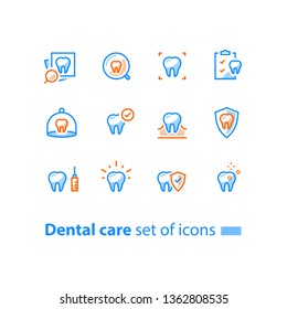 Dental care, prevention check up, hygiene and treatment, stomatology services, tooth and checklist, vector line icon set, linear design