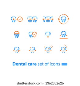 Dental care, prevention check up, stomatology services, teeth braces,  cleaning and whitening, implant and crown, protection concept, vector line icon set, linear design