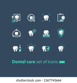 Dental care, prevention check up, hygiene and treatment, stomatology services, tooth and checklist, vector line icon set, linear design