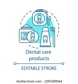 Dental care products concept icon. Caries prevention. Toothpaste, tooth powder, dental floss. Oral hygiene routine idea thin line illustration. Vector isolated outline drawing. Editable stroke
