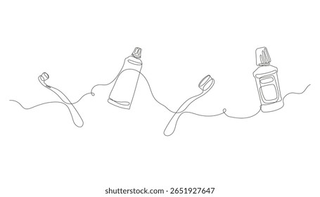 Dental care products in one continuous line. Toothpaste tube, toothbrush and mouthwash. Minimalist oral hygiene vector illustration. Line art style.