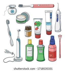 Dental care products: toothpaste, toothbrush, irrigator, mouthwash, floss, tongue cleaning brush, tooth powder. Sketch colorful vector objects. 