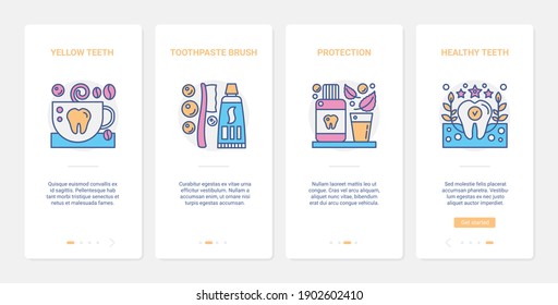 Dental care protective measures, healthcare vector illustration. UX, UI onboarding mobile app page screen set with line protection and health of teeth, toothpaste, toothbrush hygiene routine symbols