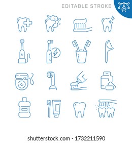 Dental care related icons. Editable stroke. Thin vector icon set