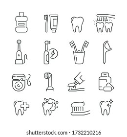 Dental care related icons: thin vector icon set, black and white kit