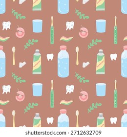Dental care seamless pattern, background. Tooth and oral care seamless pattern, healthcare tile. Toothpaste and brush repeat