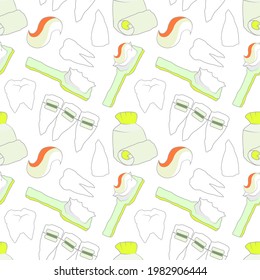 Dental care seamless pattern collection tooth brush paste braces cartoon illustration
