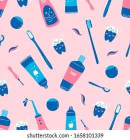 Dental care seamless pattern on colorful background. Flat vector in cartoon style. Healthy teeth. Wrapping, cover, paper, article. Floss pick, toothpaste, toothbrush, irrigator, kawaii style teeth.