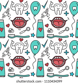 Dental care seamless pattern. Set Symbols for kids in cartoon style. Vector illustration isolated on white background.