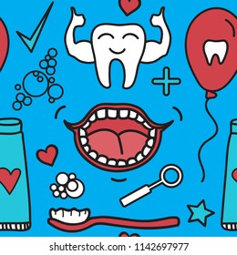 Dental care seamless pattern. Set Symbols for kids in cartoon style. Vector illustration isolated on blue background.