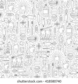 Dental care seamless pattern. Simple linear design. Vector background. Illustration include elements of oral hygiene, healthy teeth components.