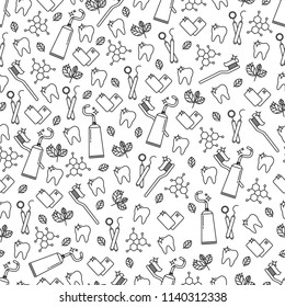 Dental care seamless pattern with teeth, toothbrush, toothpaste, medical equipment. Modern outline vector illustration. Health care background for dentistry clinic, branding, advertisement