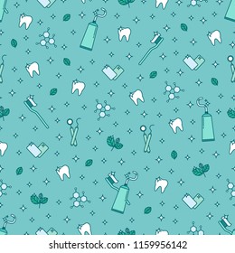 Dental care seamless pattern with teeth, toothbrush, toothpaste, medical equipment. Modern outline vector illustration. Health care background for dentistry clinic, branding, advertisement